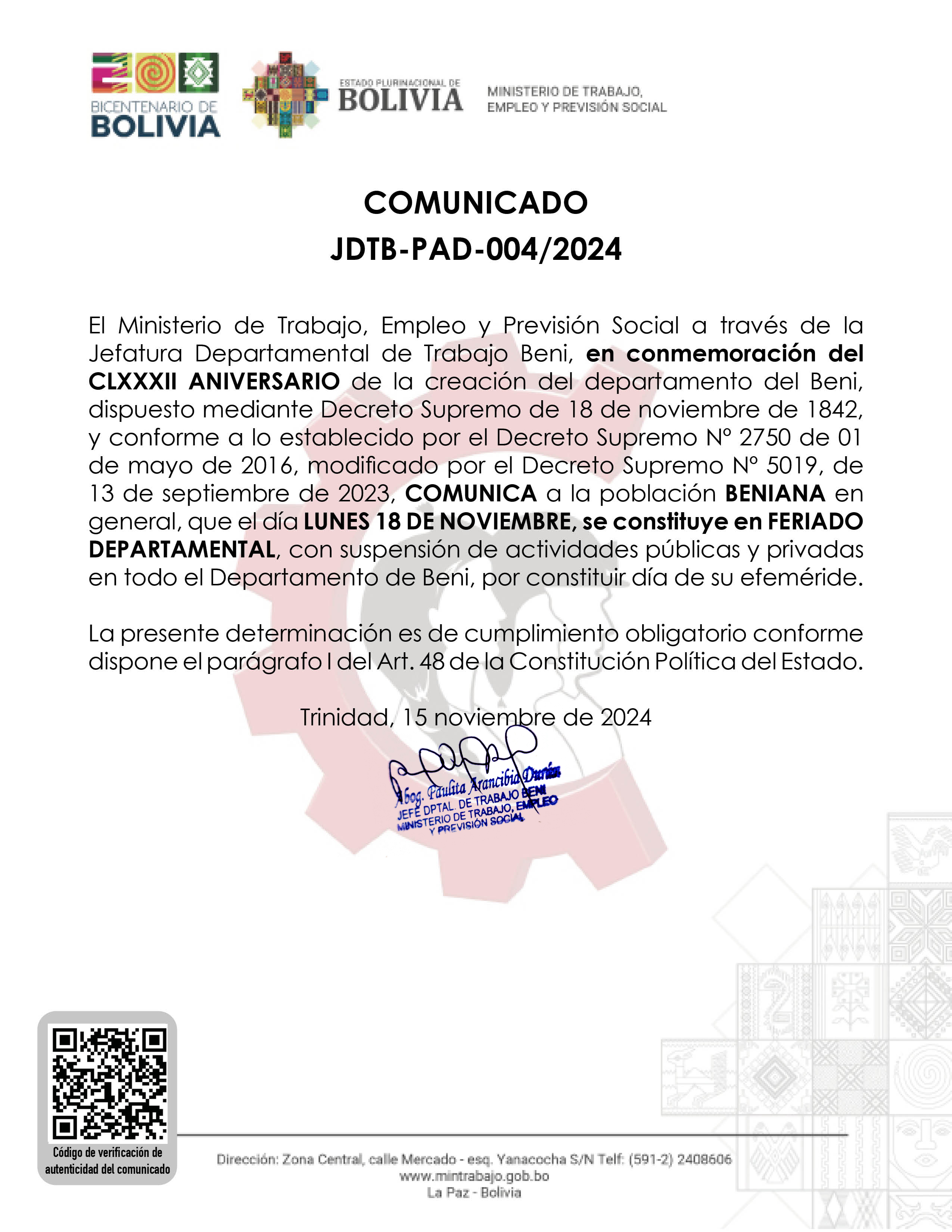 COMUNICADO JDTB-PAD-004/2024